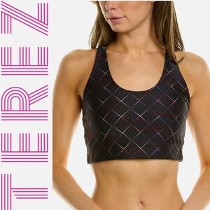 New Terez hi-shine multicolor cross hatch on black sports bra XS